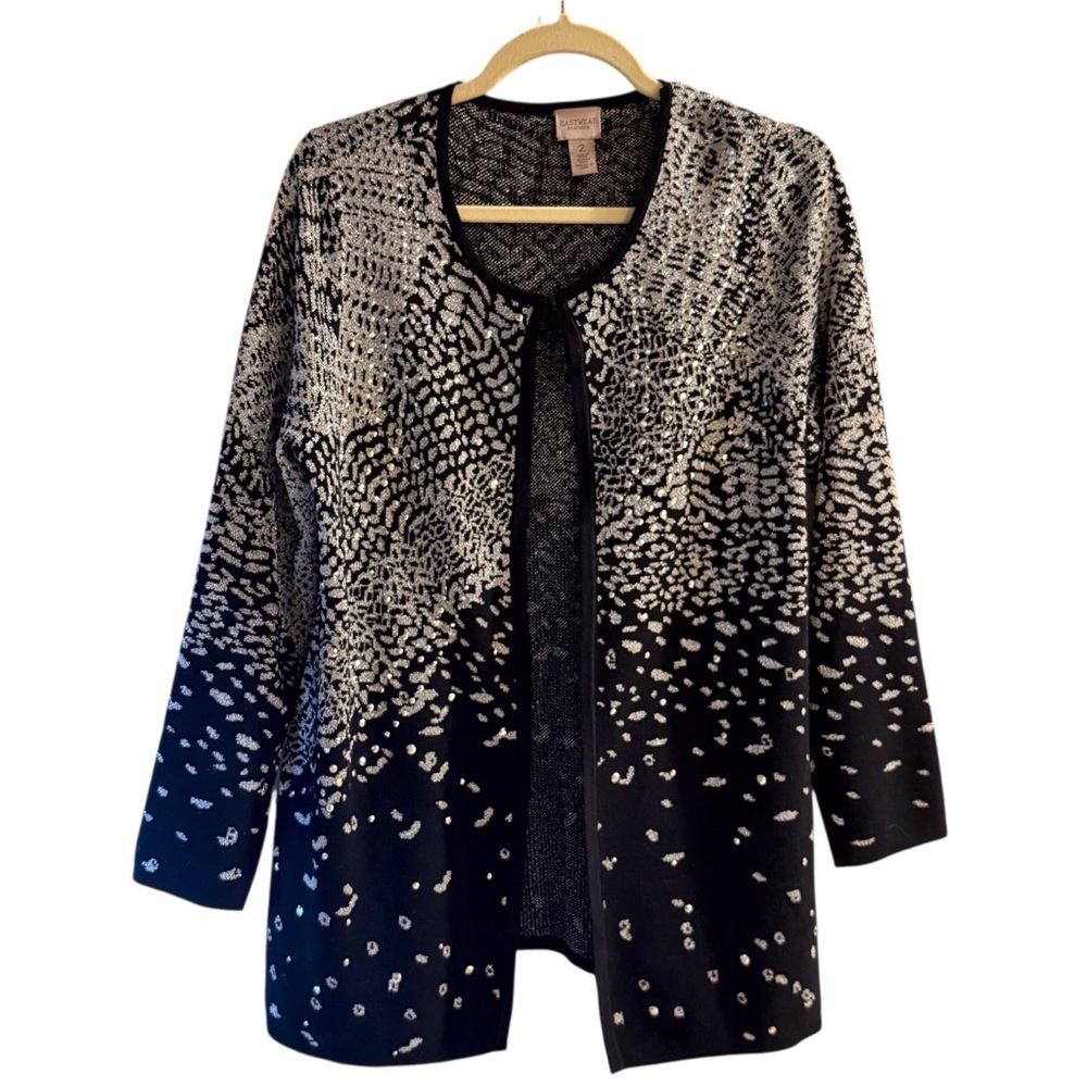 Chico’s Travelers Black Silver Metallic Shimmer Open Cardigan Jacket